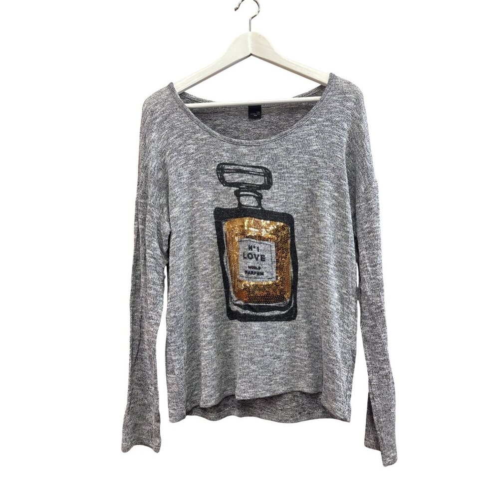 Gray Long Sleeve Sweater With Sequin Graphic Perfume Bottle Design